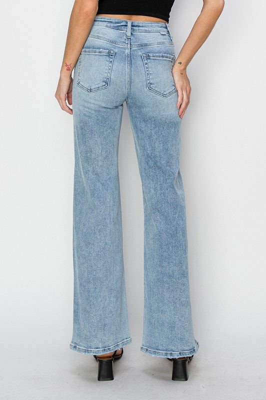 Risen Distressed Wide Leg Denim