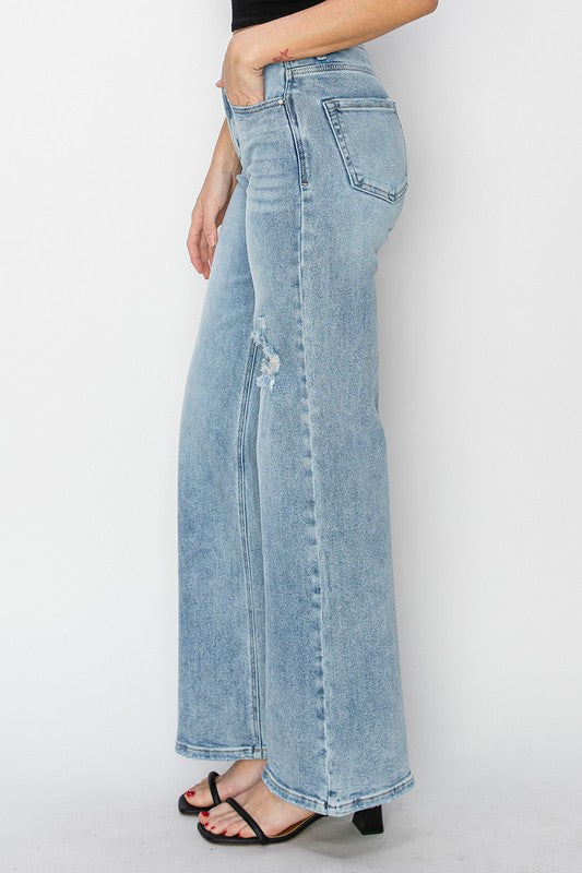 Risen Distressed Wide Leg Denim