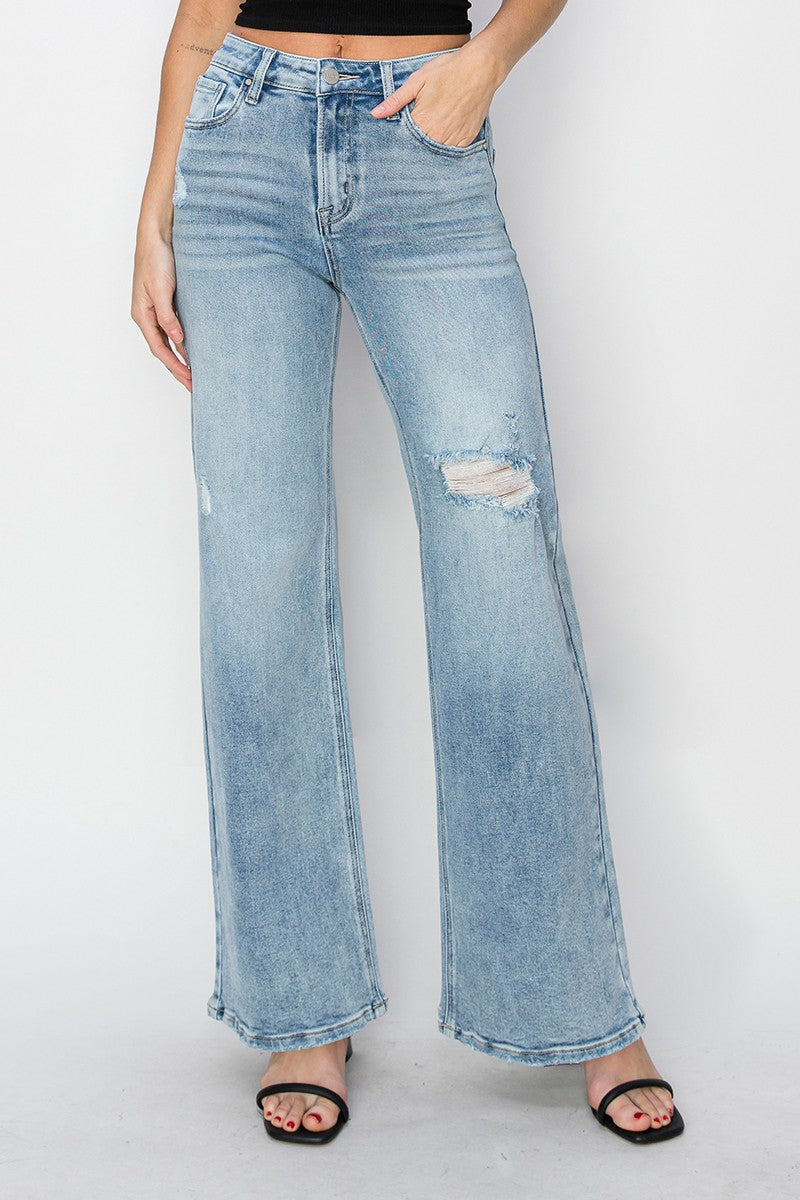 Risen Distressed Wide Leg Denim