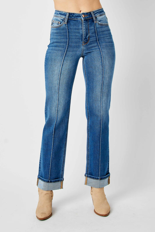 Judy Blue Seam Detail Cuffed Straight Denim