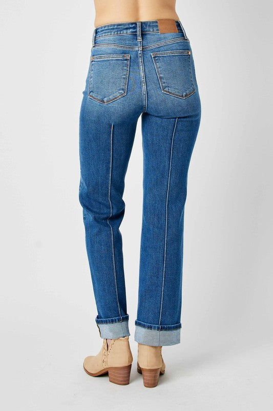 Judy Blue Seam Detail Cuffed Straight Denim