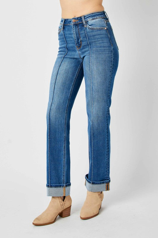 Judy Blue Seam Detail Cuffed Straight Denim