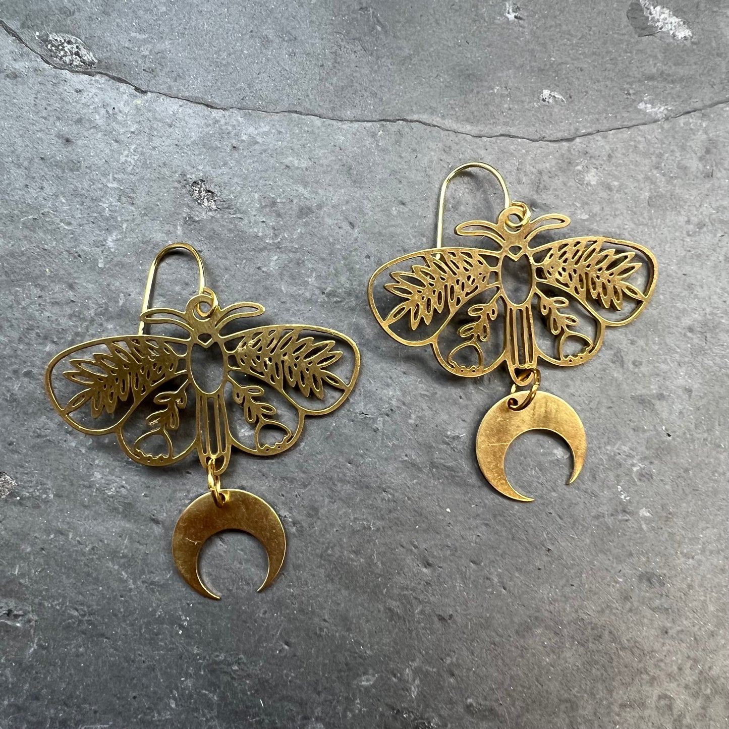 Floral Moth and Crescent Moon Earrings